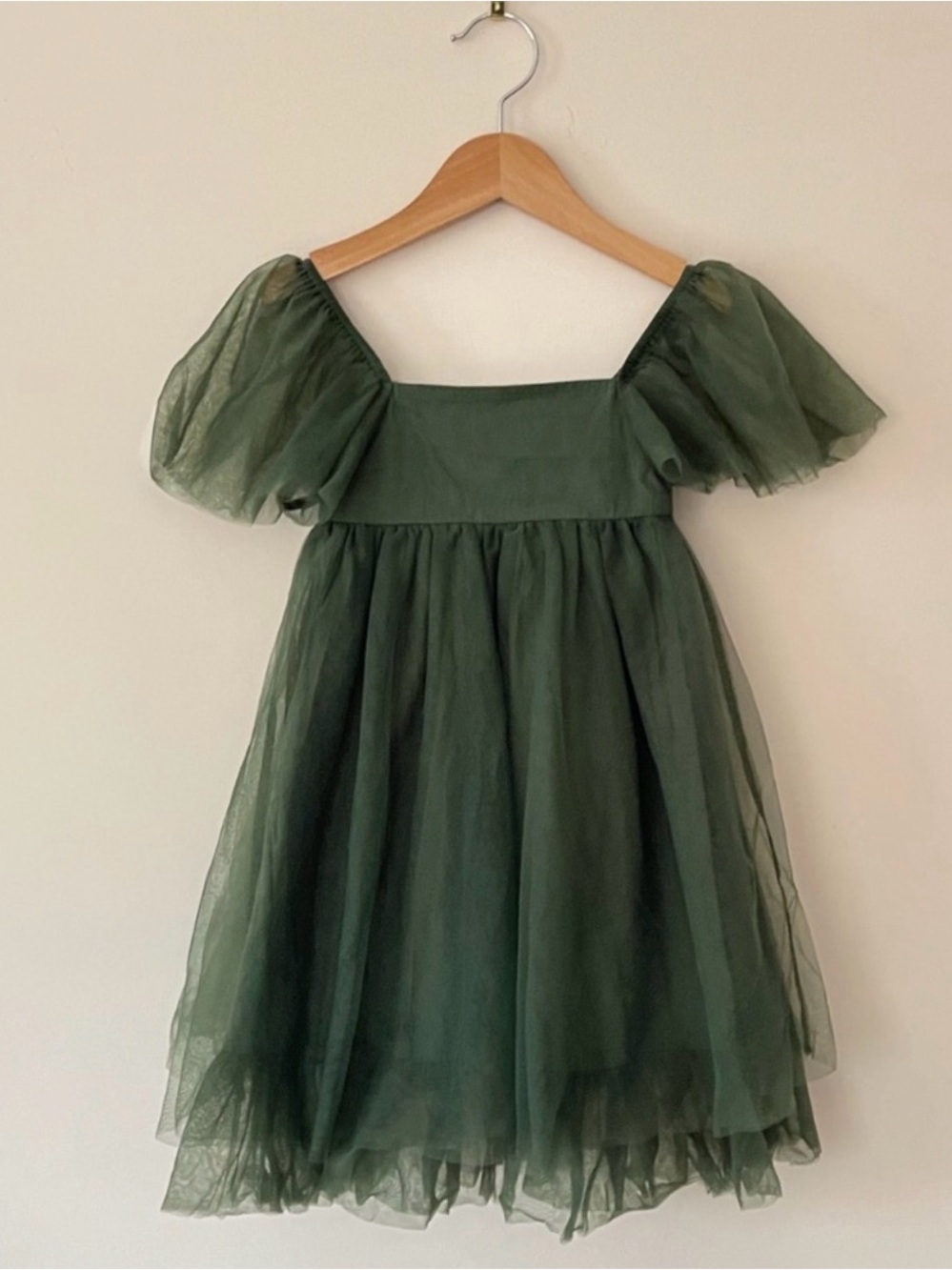 Olive Green Tulle Flower Girl Dress with Flutter Sleeves
